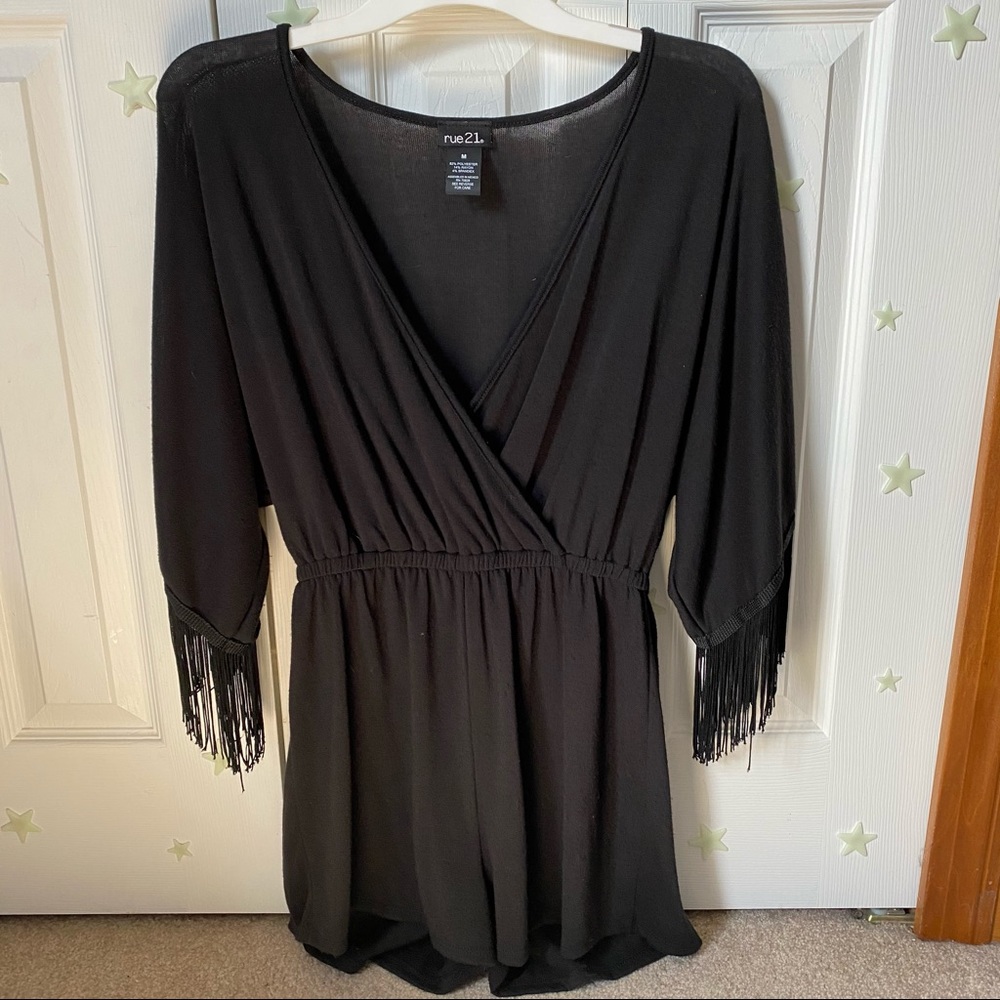 Black Fringe-Sleeved Romper
